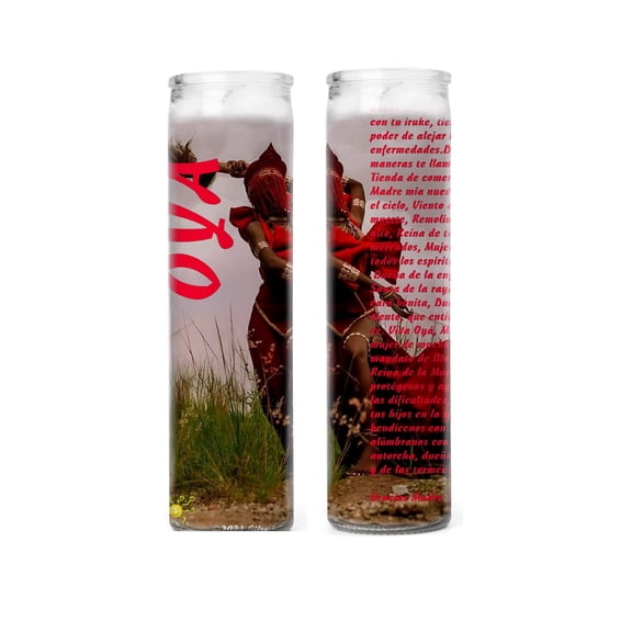 Santeria Collection Oya Yansa Iansa Red Prayer Candle Set of 2, 8-Inch Glass Candles with Full-Color Image, Orisha Oya Altar Religious Gift