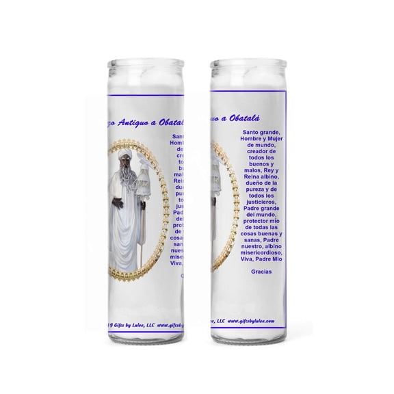 Santeria Obatala Vela Blanca Set de 2 Velas con Imagen a Todo Color y Oracion Antigua, Santeria Candles, Veladoras, 8 Inch Glass Candles, Regalo Santeria