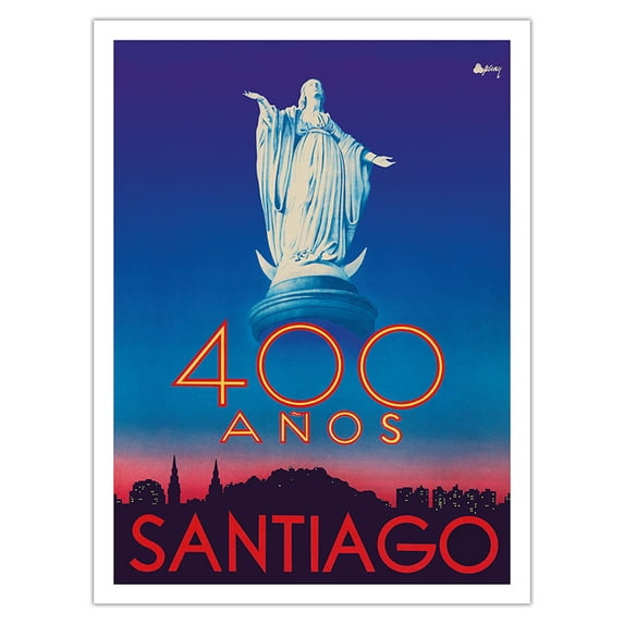 Santiago Chile - 400 Años (400 Years) Anniversary - Virgin Mary Statue San Cristobal Hill - Vintage Travel Poster c.1941 - Bamboo Fine Art 290gsm Paper (Unframed) 12x16in