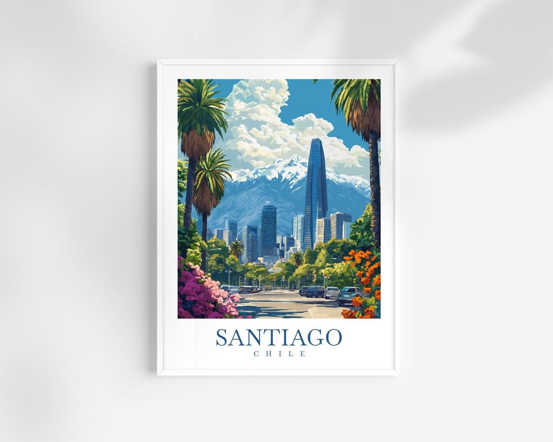 Andes Flashcard Santiago Chile Illustrated Cityscape And Andes Mountains Wall Art Print ...