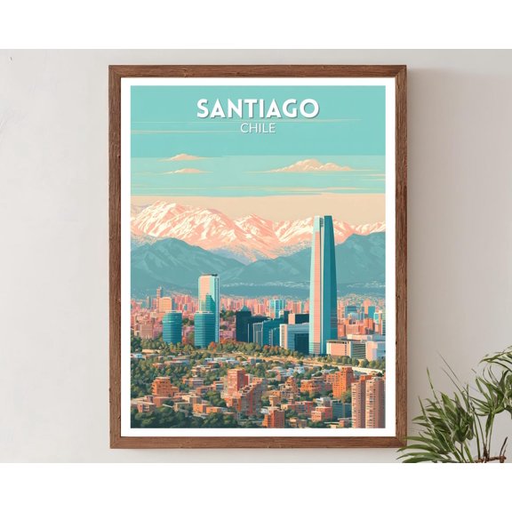 Santiago Chile Retro Travel Mid Century Modern Vintage Mountain Cityscape Decor Latin American Home Art, Unframed Poster