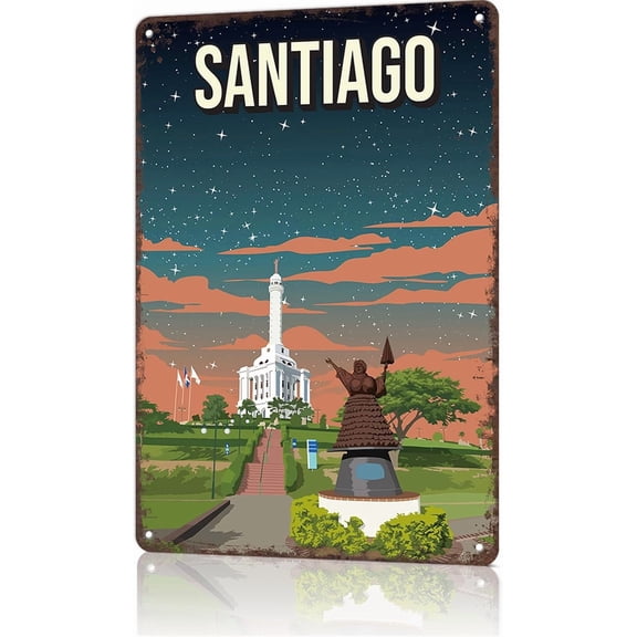 Santiago, Dominican Republic Pixel Art Vintage City Landscape Metal Tin Sign, Retro Travel Tin Signs Posters For Man Cave Bar Garage Car Room Streets Wall Decor 8 X 12 Inch