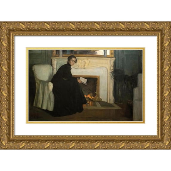 Santiago Rusiñol 18x13 Gold Ornate Wood Frame and Double Matted Museum Art Print Titled - Romantic Novel (1894)