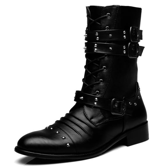 Santimon Men Boots Fashionable Motorcycle Boots Metallic Rivet Boots Smooth Black US 12.5