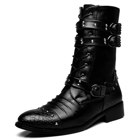Santimon Men Boots Fashionable Motorcycle Boots Mid Calf Cowboy Boots Rough Black US 8.5