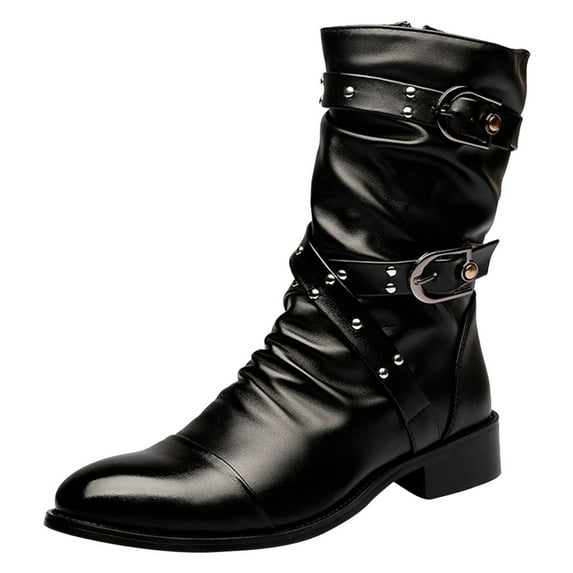 Santimon Men Boots Fashionable Motorcycle Boots Rivet Buckle Casual Boots Intersect Black US 5.5