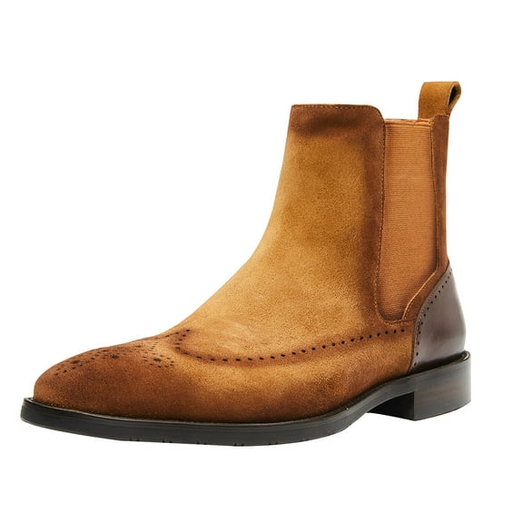 Santimon Men Classic Leather Chelsea Boots Brogue Dress Ankle Boots Suede Chukka Boots Brown 12 US