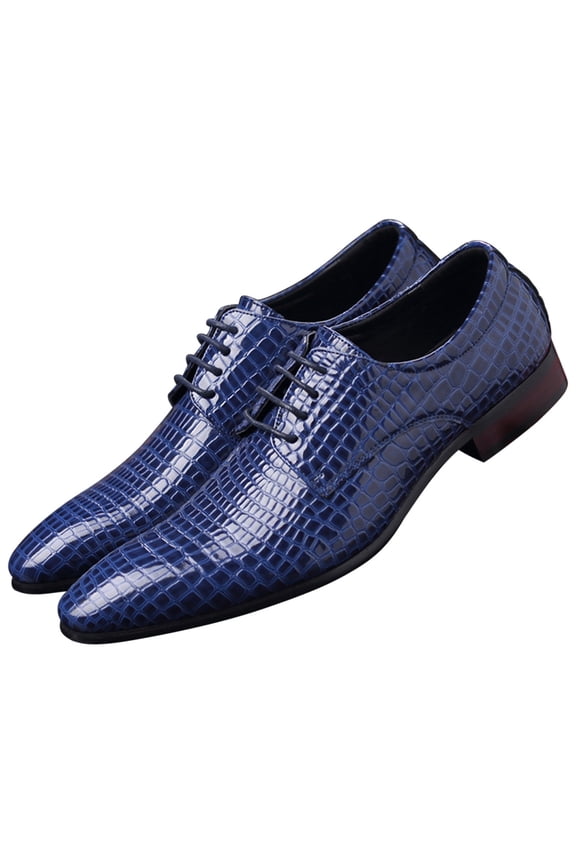 Men Derby Shoes Crocodile Pattern Pointed Toe Lace Up Oxford Shoes Business Leather Dress Shoes Blue 9 US