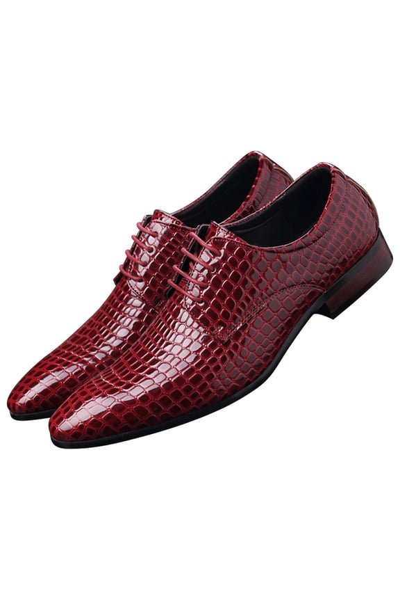 Men Derby Shoes Crocodile Pattern Pointed Toe Lace Up Oxford Shoes Business Leather Dress Shoes Red 10.5 US