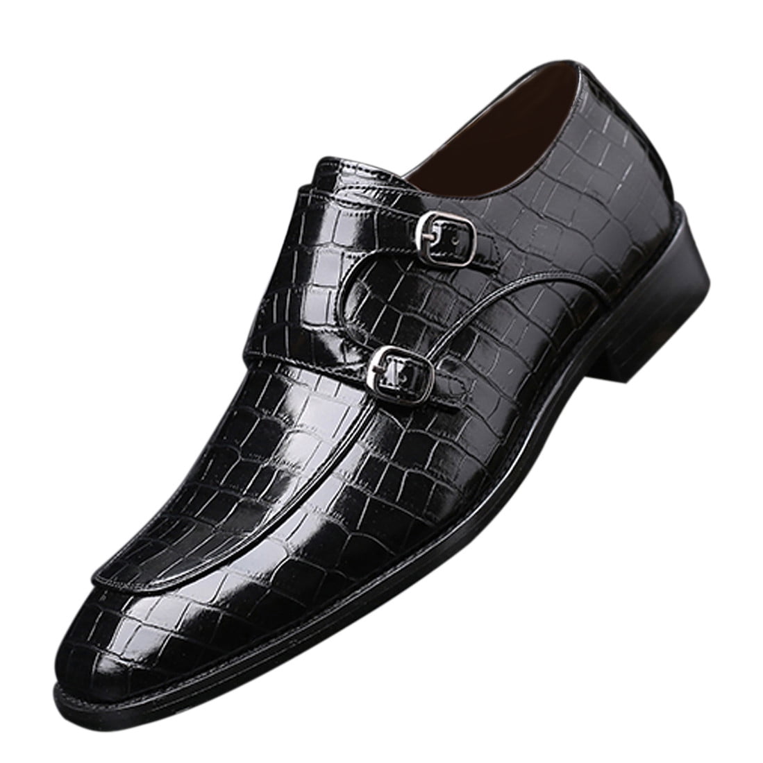 Santimon Men Dress Double Monk-straps Shoes Crocodile Pattern Slip