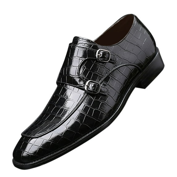 Santimon Men Dress Double Monk-straps Shoes Crocodile Pattern Slip On Casual Business Leather Shoes Black 7 US
