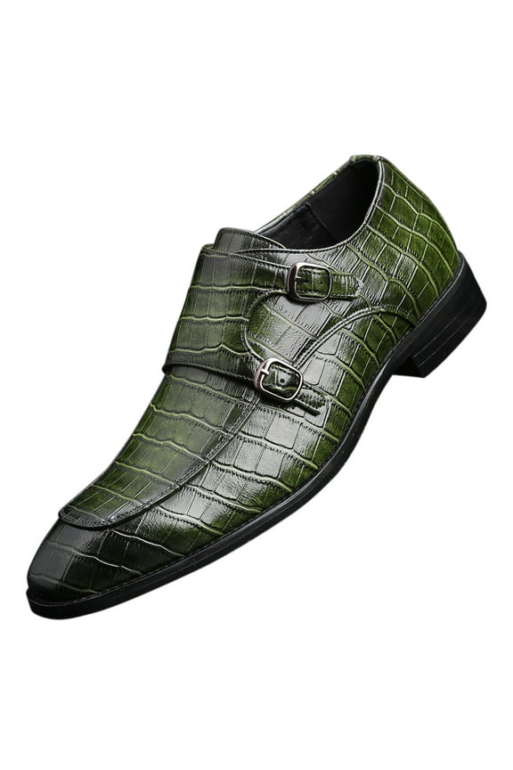 Men Dress Double Monk-straps Shoes Crocodile Pattern Slip On Casual Business Leather Shoes Green 12 US