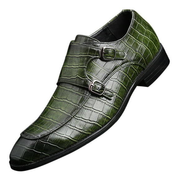 Santimon Men Dress Double Monk-straps Shoes Crocodile Pattern Slip On Casual Business Leather Shoes Green 7 US