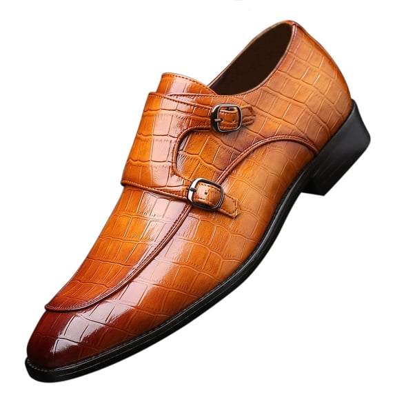Santimon Men Dress Double Monk-straps Shoes Crocodile Pattern Slip On Casual Business Leather Shoes Tan 8 US