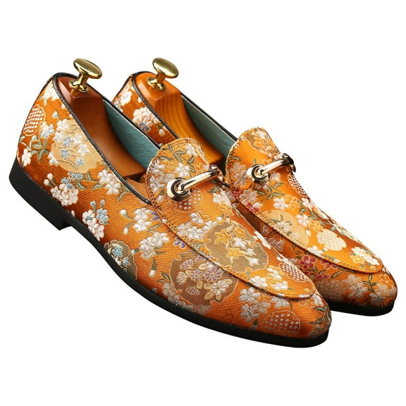 Santimon Men Loafers Floral Fashionable Dress Shoes for Wedding Prom Party Formal Occasions Orange US 10