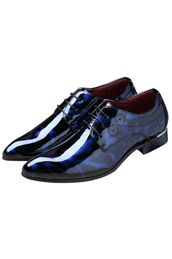 Men Oxford Dress Shoes Brogue Floral Patent Leather Casual Formal Business Derby Shoes Blue 7.5 US