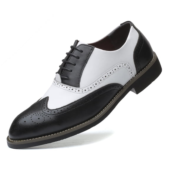 Santimon Men Oxford Shoes Brogue Lace Up Pointed Toe Formal Dress Shoes Black-white 10.5 US