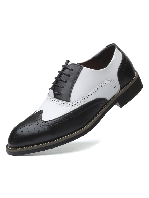 Men Oxford Shoes Brogue Lace Up Pointed Toe Formal Dress Shoes Black-white 10.5 US