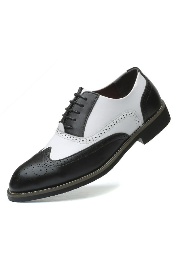 Men Oxford Shoes Brogue Lace Up Pointed Toe Formal Dress Shoes Black-white 12 US