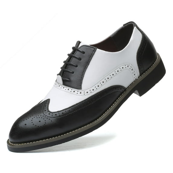 Santimon Men Oxford Shoes Brogue Lace Up Pointed Toe Formal Dress Shoes Black-white 9.5 US