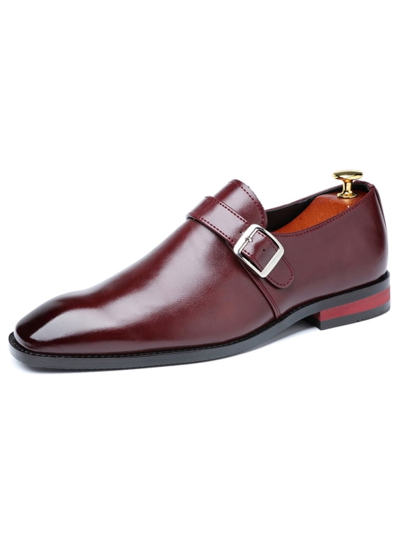 Men Single Monk-strap Shoes Formal Business Shoes Square Toe Dress Shoes Wine Red 9.5 US