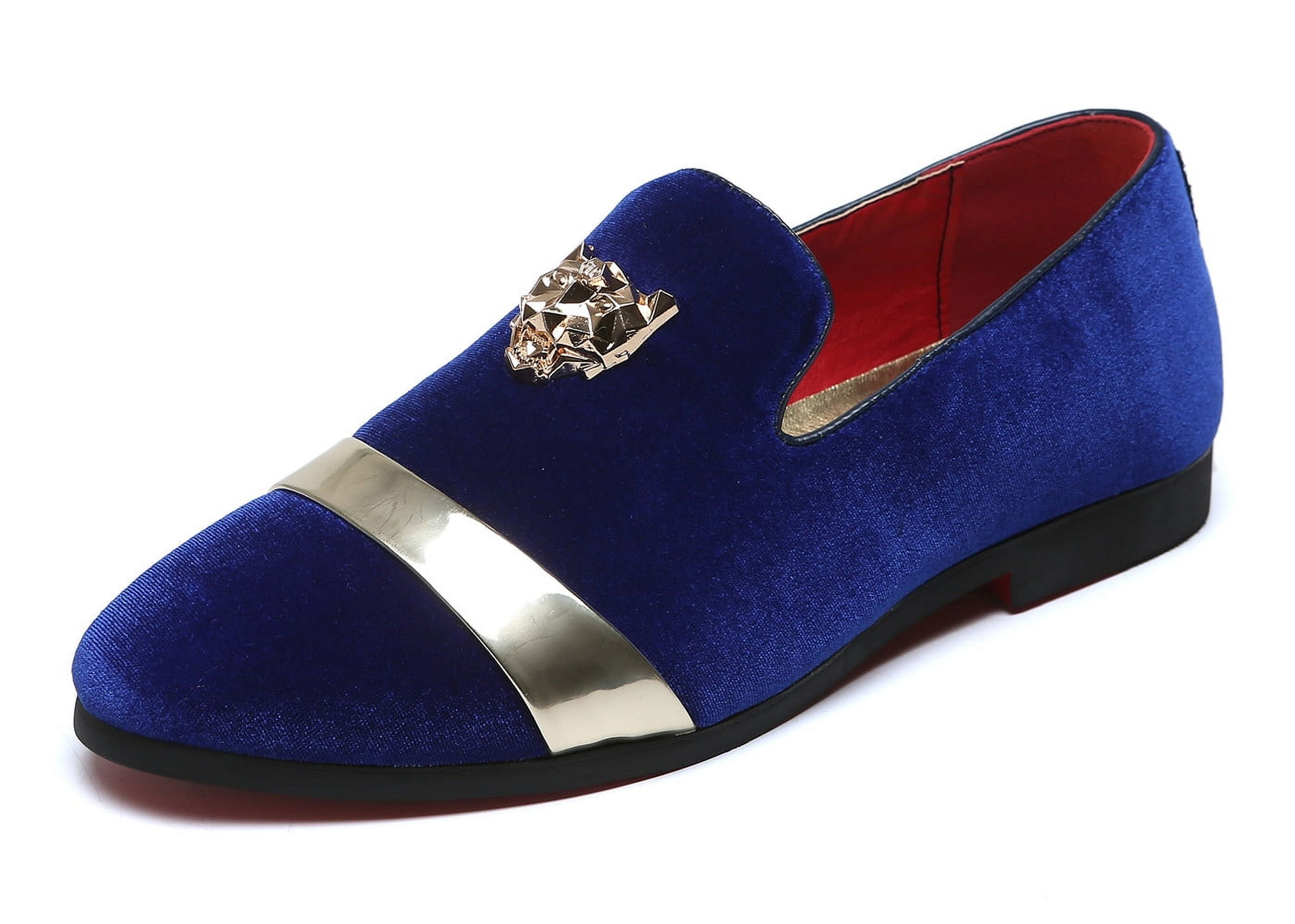 Santimon Men Velvet Loafers Golden Animal Buckle Slip-On 