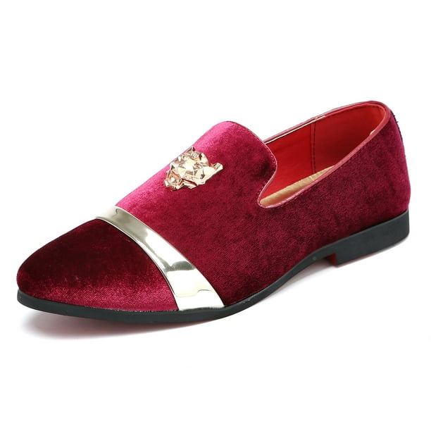 Santimon Men Velvet Loafers Golden Animal Buckle Slip-On Formal Dress Shoes Red 11 US
