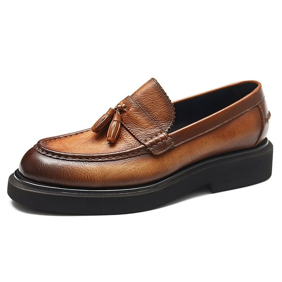 Santimon Men’s Tassel Loafers Leather Formal Dress Shoes Round Toe Causal Shoes Brown US 5.5