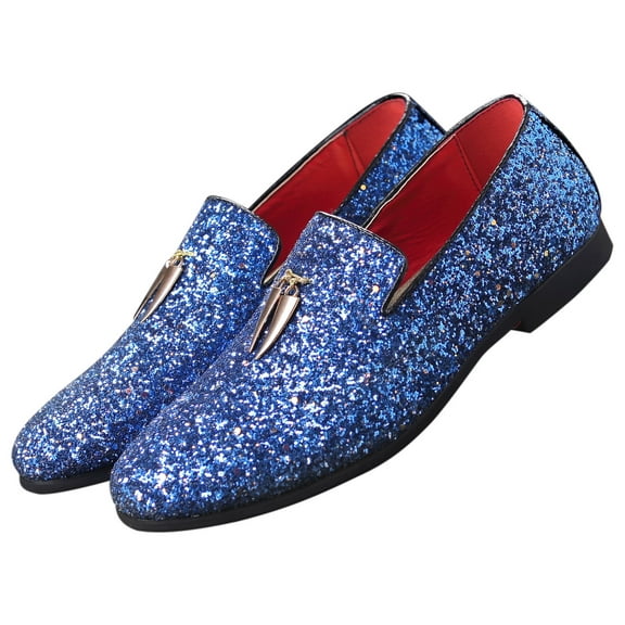 Santimon Mens Loafers Metallic Glitter Slip-on Casual Shoes Moccasins Leather Dress Shoes Blue 8.5 US