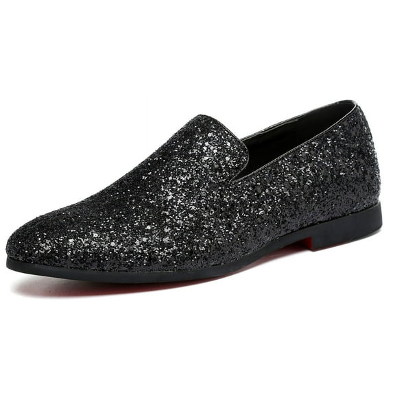 Santimon Mens Metallic Paillette Loafers Slip-on Glitter Moccasins Dress Shoes Leather Shoes Black 10.5 US