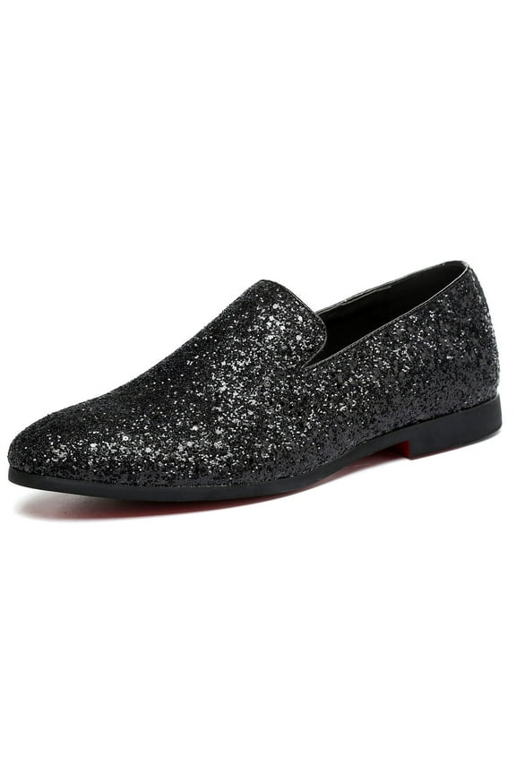 Mens Metallic Paillette Loafers Slip-on Glitter Moccasins Dress Shoes Leather Shoes Black 10.5 US