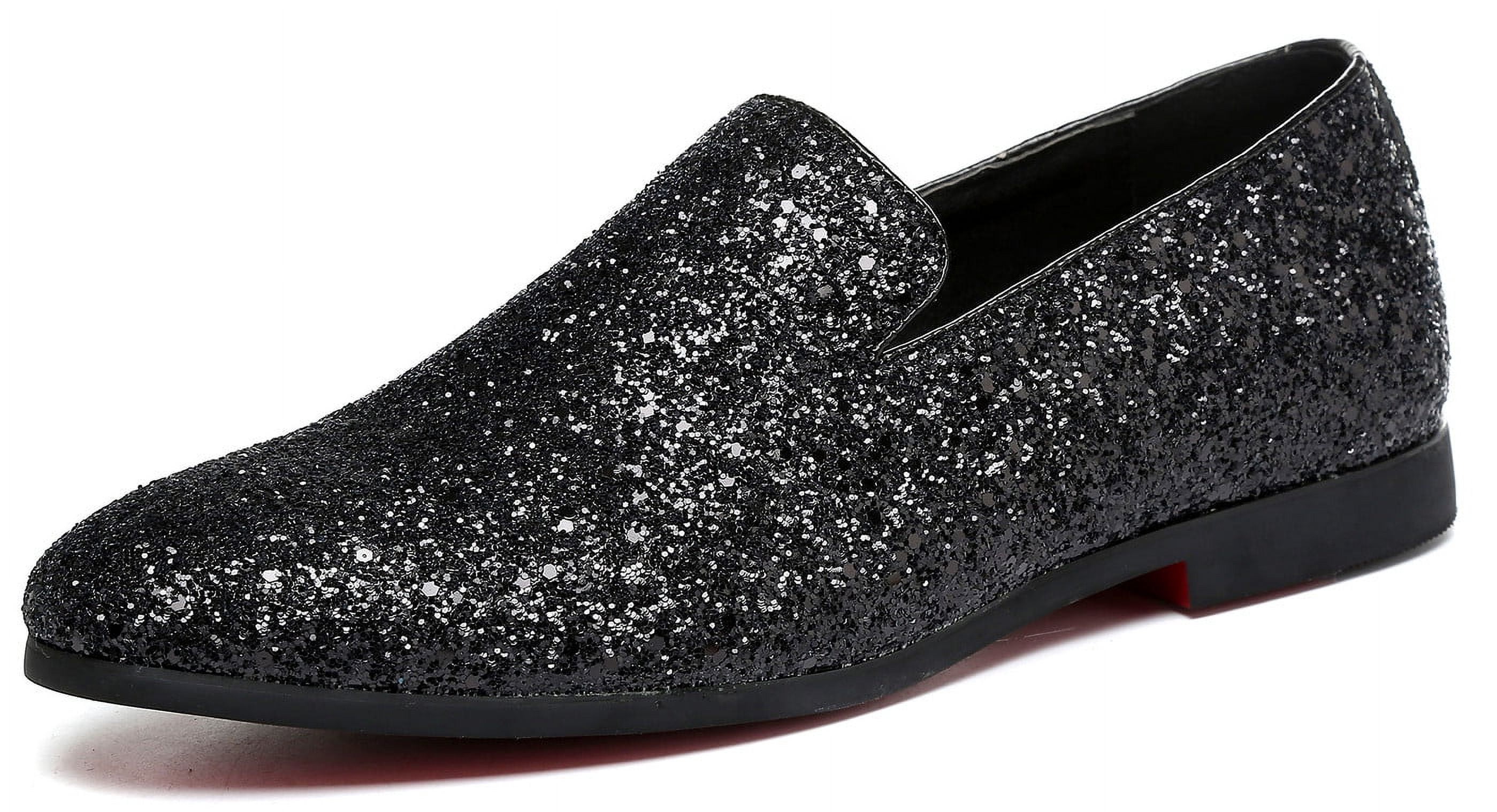 Men\'s Black Rubber Sole Leather Sparkly Sequins Loafers Gold Buckle Party Shoes 7M  main image 4