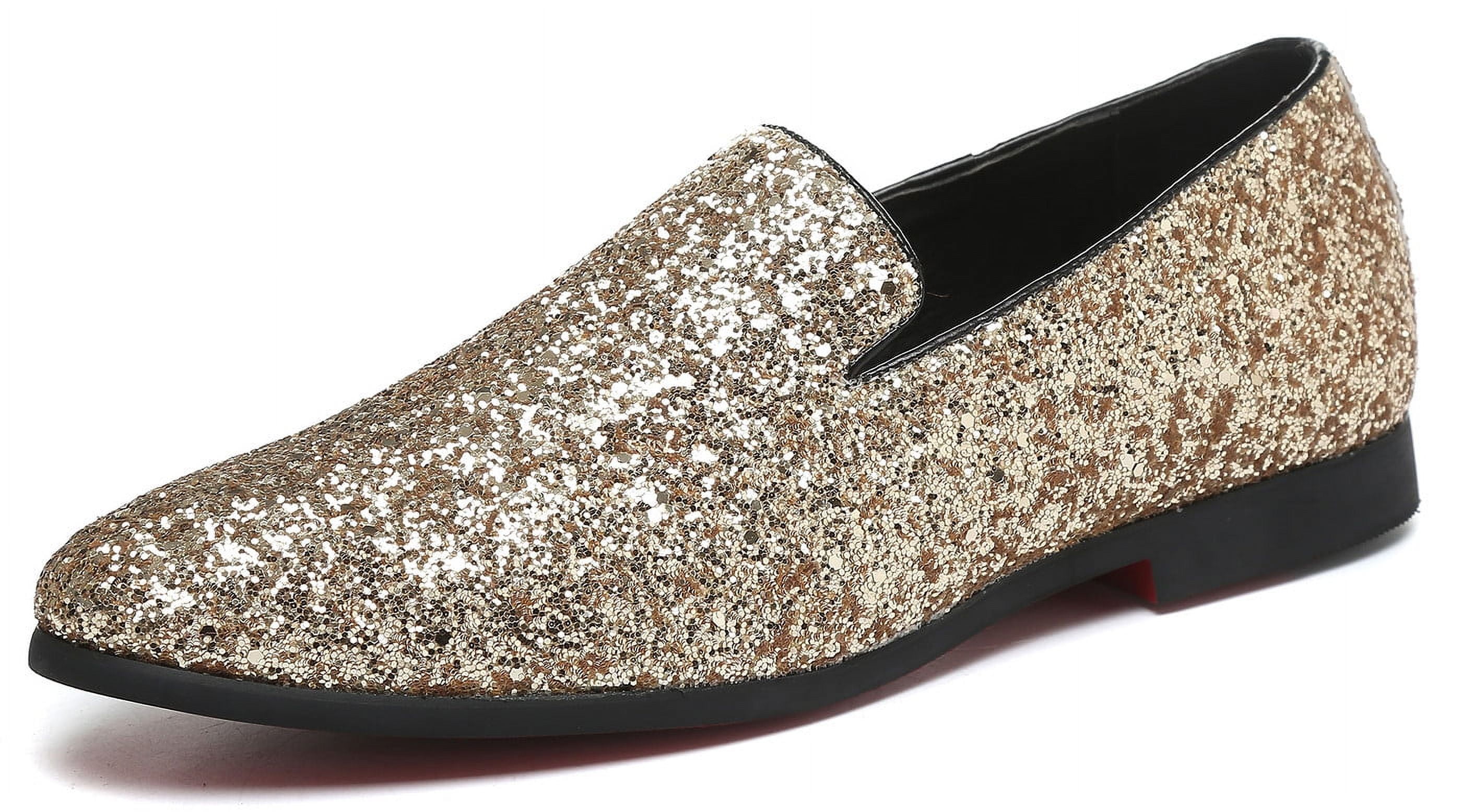 Santimon Mens Metallic Paillette Loafers Slip-on Glitter Moccasins Dress Shoes Leather Shoes Gold 10 US