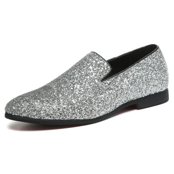 Santimon Mens Metallic Paillette Loafers Slip-on Glitter Moccasins Dress Shoes Leather Shoes Silver 10.5 US