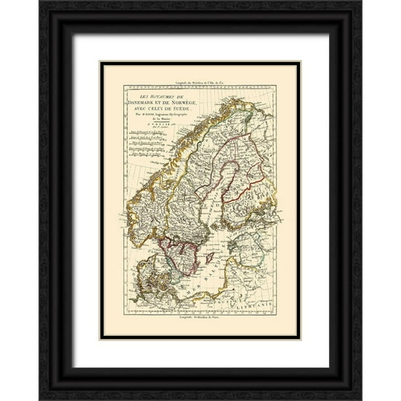 Santini 18x24 Black Ornate Wood Framed with Double Matting Museum Art Print Titled - Denmark - Norway - Sweden - Santini 1794