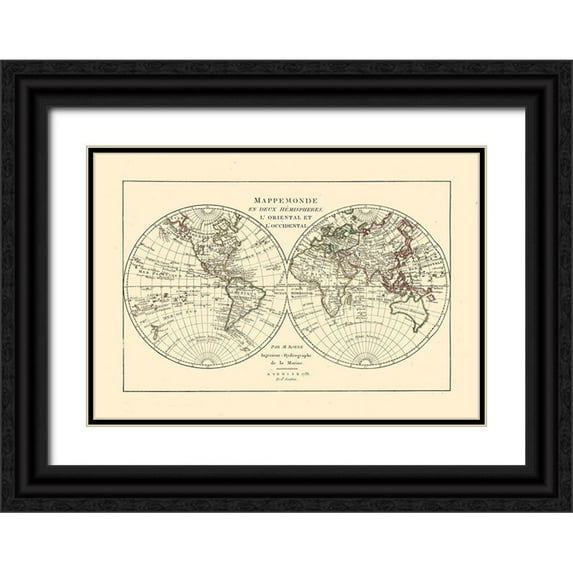 Santini 24x18 Black Ornate Wood Framed with Double Matting Museum Art Print Titled - World Hemispheres - Santini 1794