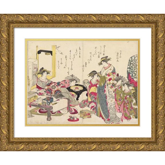 Santō Kyōden 24x18 Gold Ornate Framed and Double Matted Museum Art Print Titled - Shin Bijin Awase Jihitsu Kagami, Pl.7 (1784)