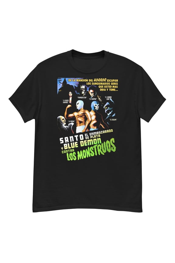 Santo and the Blue Demon vs the Monsters lucha libre horror fan art t-shirt