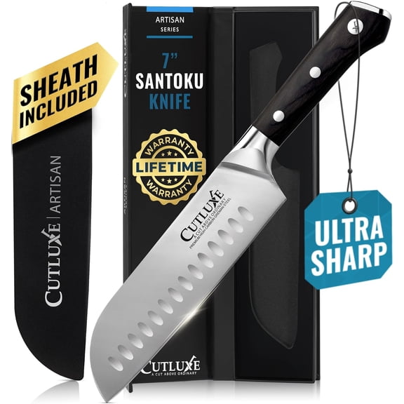 Santoku Knife 7" Chopping Knife, Meat and Vegetable Knife Forged High Carbon German Steel Sheath Included Full Tang & Razor Sharp Ergonomic Handle Design Artisan Series