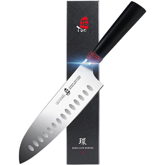 Santoku Knife Pro Asian Chef Knife 7 inch Kitchen Knife Non-stick Cooking Knife for Vegetables Fruits Meat, AUS-8 Stainless Steel with Ergonomic Handle Gift Box, Ring Lite Series