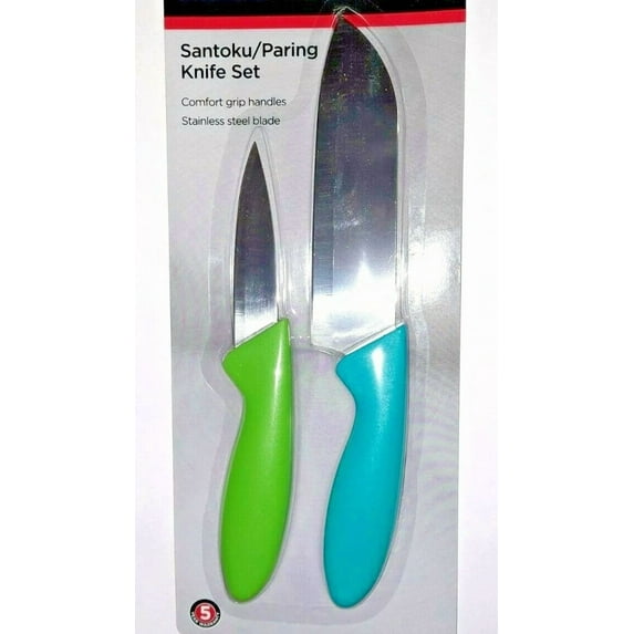 Santoku/Paring Knife Set Comfort Grip Handles Stainless Steel Blade Teal & Lime