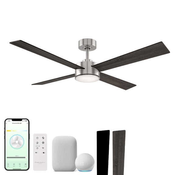 Santorini 4-Blade 52in Smart Ceiling Fan 2700K-6000K CCT Tunable Range LED Light Kit in Brushed Nickel with Reversible Black and Weathered Wood Blades Works With iOS or Android App