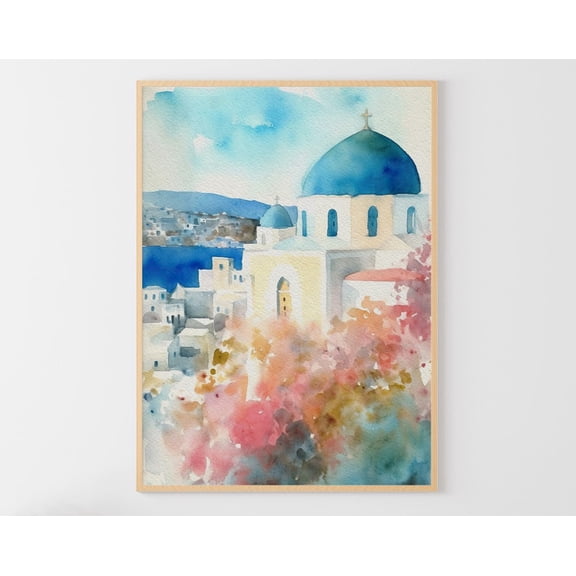 Santorini Art Poster Greek Old Town Cityscape Mediterranean Landscape, Unframed Poster Size 8x12