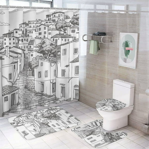 Santorini Black & White Greece 4 Pcs Bathroom Shower Curtain Set, Bathroom Sets with Rugs (Bath Mat, U Shape and Toilet Lid Cover Mat) and 12 Hooks,
