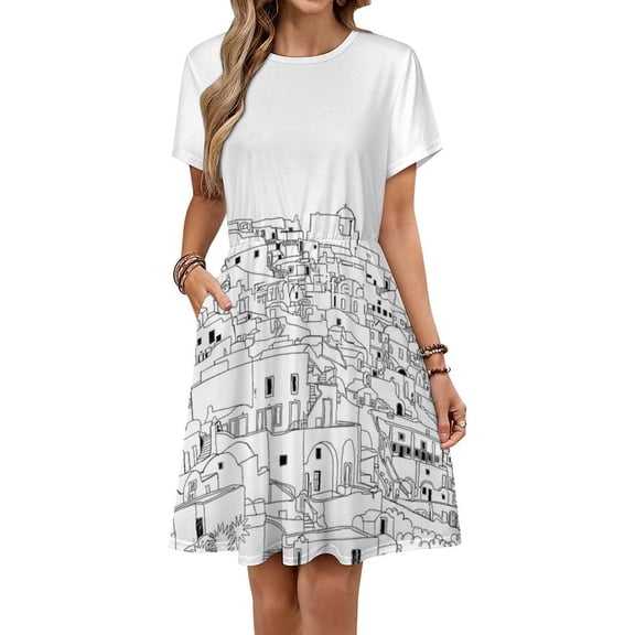 Santorini Black White Greece Greek Art Dress Fashion Beach Short Sleeve Dresses Female Party Printed Sundress