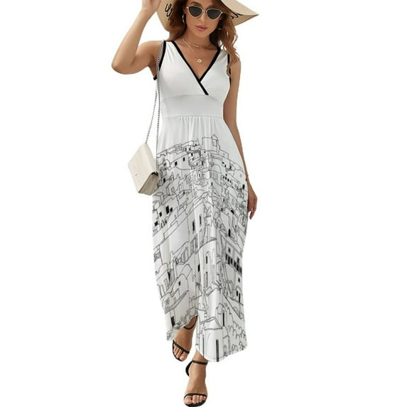 Santorini Black White Greece Greek Art Sleeveless Dress Female clothing beach dresses women's evening dresses Women's clothing