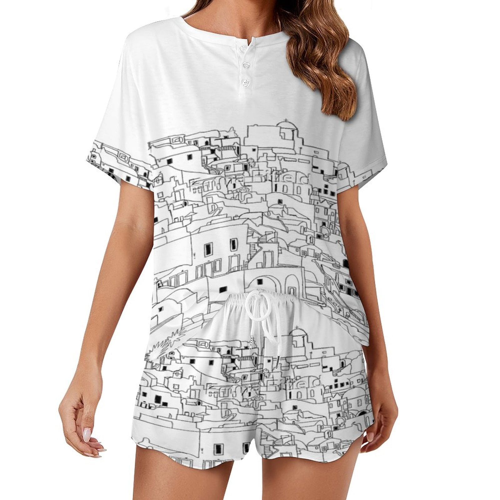 Greek Pyjamas Santorini Black White Greece Greek Art Women's Loungewear Set 2 Piece ...