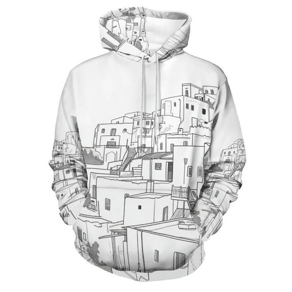 Santorini Black & White Greece Regular Fit Hoodie, Sporty Pullover Hooded Sweatshirt for Men Women Muscle 5XL