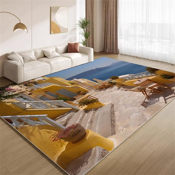 Santorini Greece Area Rugs, Seaside Town Pattern Carpet, Washable Non Slip Low Pile Soft Rug for Living Room Bedroom Decor Mat 5x8ft