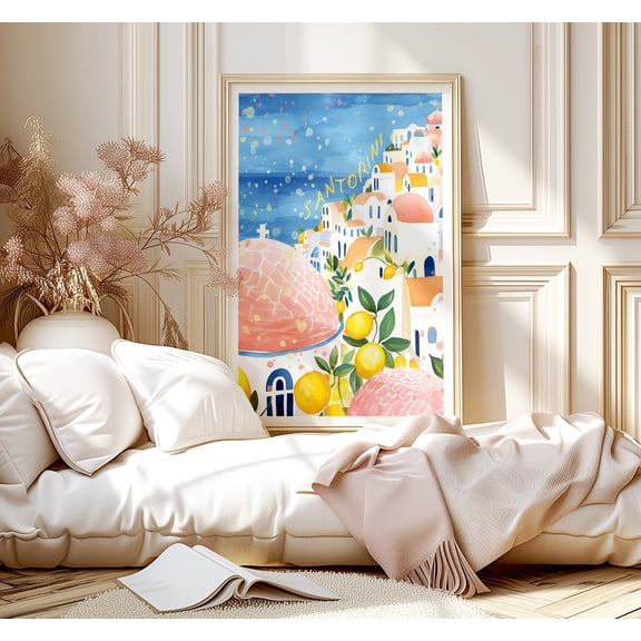 Santorini Greece Art Poster: Aegean Sea Travel Poster, Unframed Canvas Size 16x24